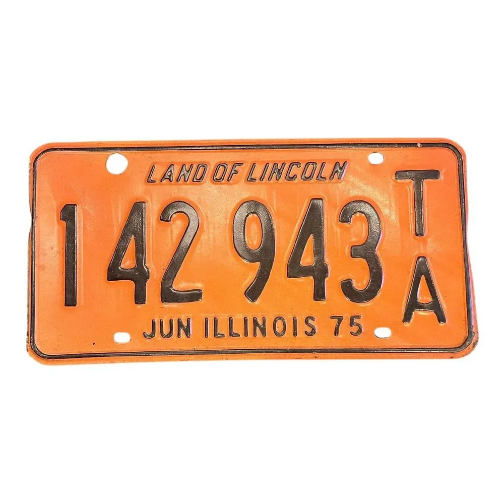 Vtg Orange Illinois 1975 Trailer License‎ Plate 142 943 TA Man Cave Garage Wall
